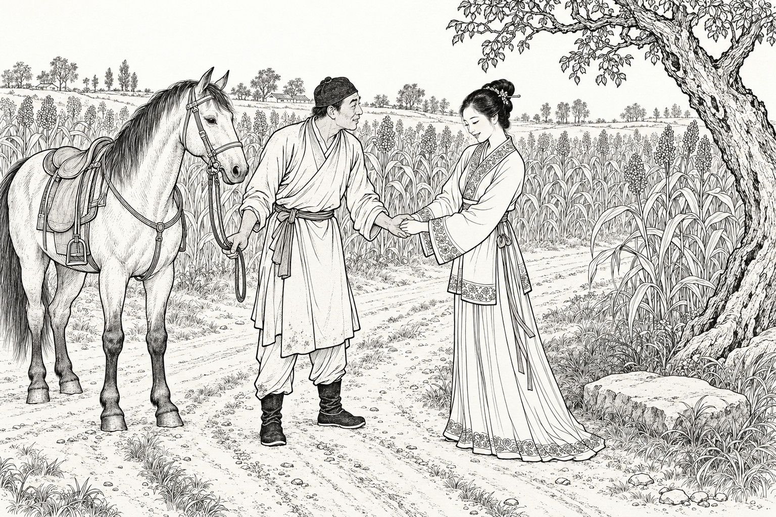 A line drawing in the manner of a late-Qing lithographed edition: on a country road beside tall sorghum fields in early autumn daylight, a young woman in a short embroidered jacket and long pleated skirt takes the hands of a manservant who has dismounted and holds his saddled horse's reins, with a roadside stone and an old gnarled tree at the right and small village trees far behind.