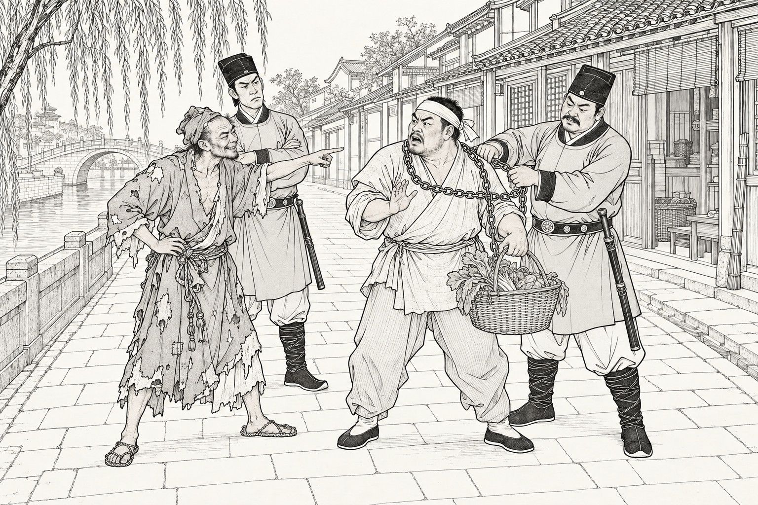 A line drawing in the manner of a late-Qing lithographed edition: in a street beside a canal with a humped bridge, a ragged monk points with a sly smile at a stout man in a headband carrying a basket of greens, while a constable loops a heavy iron chain round the man's shoulders and a second constable looks on; the man raises one hand in protest.