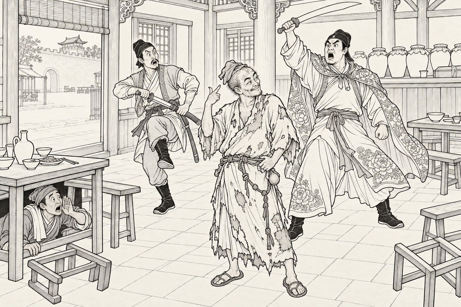 A line drawing in the manner of a late-Qing lithographed edition: in a wine shop, a ragged monk stands with his back half turned and flicks a finger over his shoulder, while one swordsman in a flower-patterned cloak is frozen with his sword raised over his head and his mouth open, another is frozen with a leg lifted and his sword half drawn, and the waiter peeks out from under a table.