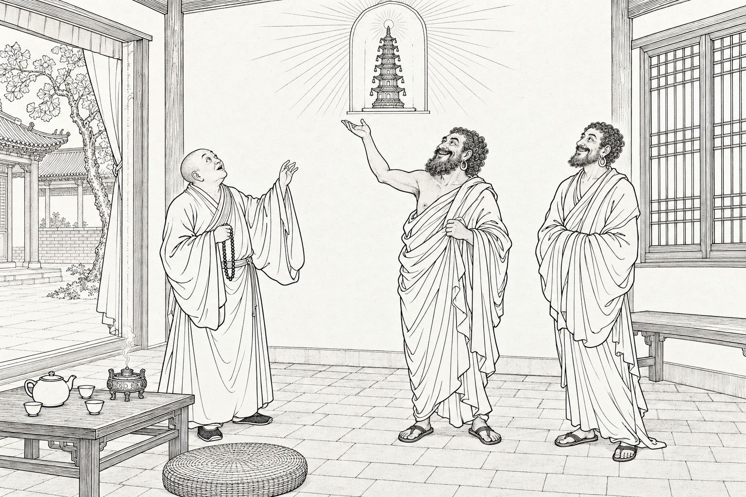 A line drawing in the manner of a late-Qing lithographed edition: In the guest room of a monastery, a shaven-headed Chinese monk with prayer beads looks up in wonder with one sleeve raised, a curly-bearded foreign monk in a draped cloth and ear rings stands at the centre with his open palm lifted toward a small niche high on the wall where a tiny pagoda shines in rays of light, and a second foreign monk stands smiling with his hands in his sleeves, while a lattice window, a bench, a low table with a teapot, cups and incense burner, a rush cushion and a courtyard with a ginkgo tree seen through the open doorway fill the room.