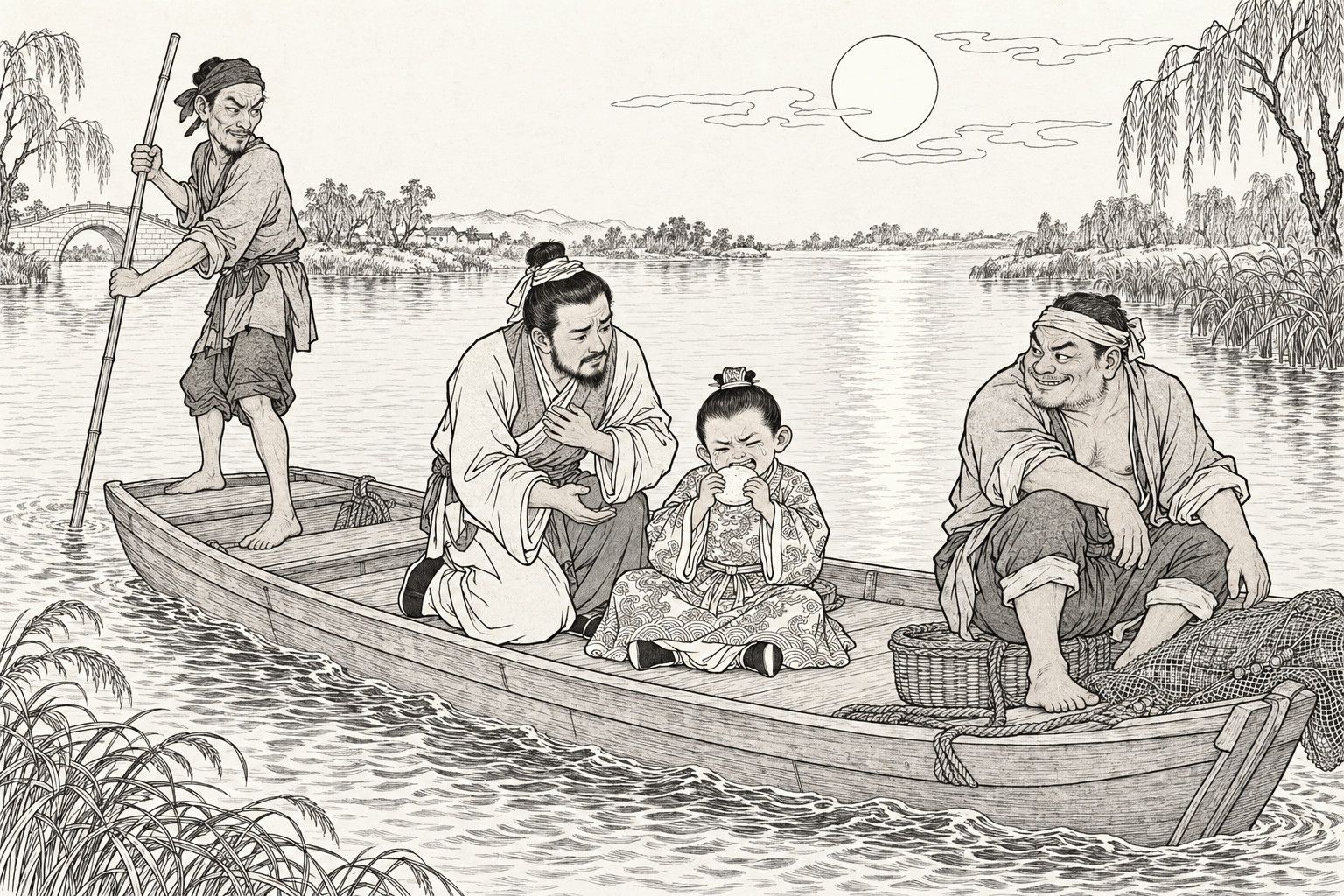仿清末石印本的線描:滿月下的小河,一條小船上,穿繡袍的男孩含著淚啃一個硬饅頭;一位留須的隨從跪在他身邊,一手伸出;船尾站著手持竹篙的瘦船家,船頭蹲著咧嘴偷笑的壯船家。