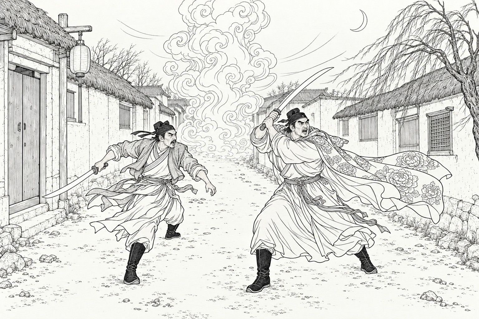 A line drawing in the manner of a late-Qing lithographed edition: on a night lane between thatched houses under a thin crescent moon, two men with swords charge from opposite sides toward a tall column of billowing vapour rolling down the middle of the lane, their cloaks and sleeves torn by the wind.