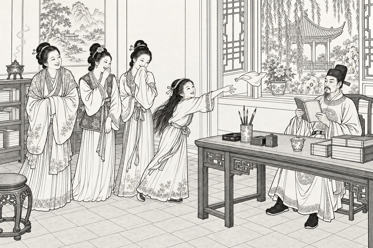 A line drawing in the manner of a late-Qing lithographed edition: in the daytime study of an official residence, three smiling women stand in a row while a loose-haired girl throws a small kerchief through the air toward a bearded magistrate in a black gauze cap, who sits calmly behind his desk reading a book, with a lattice window, willows and a garden pavilion behind him and a bookshelf and incense burner at the left.