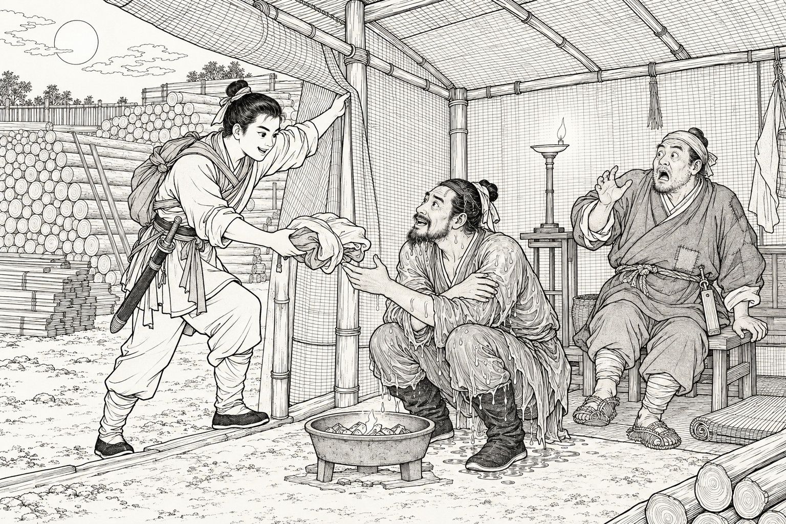 仿清末石印本的線描:月夜的木場,圓木堆得很高;胸前斜揹包袱、腰掛刀的少年掀起窩棚的席簾彎腰進來,把一包乾衣遞給蹲在火盆邊的溼透發抖的男子;凳子上的看棚人嚇得舉起一隻手。