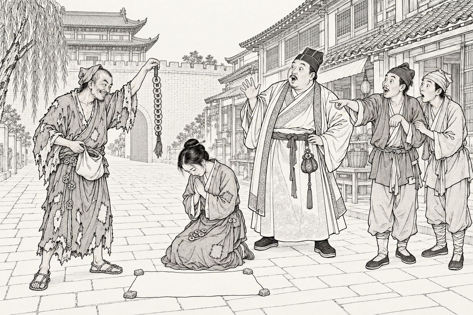 A line drawing in the manner of a late-Qing lithographed edition: in a street before a city gate, a ragged monk holds up a long string of coins with a tassel and smiles, a young woman kneels beside a blank sheet of paper held down by four stones with a few coins in her lap, and a stout man in a long robe and two onlookers, one pointing, stare in surprise.