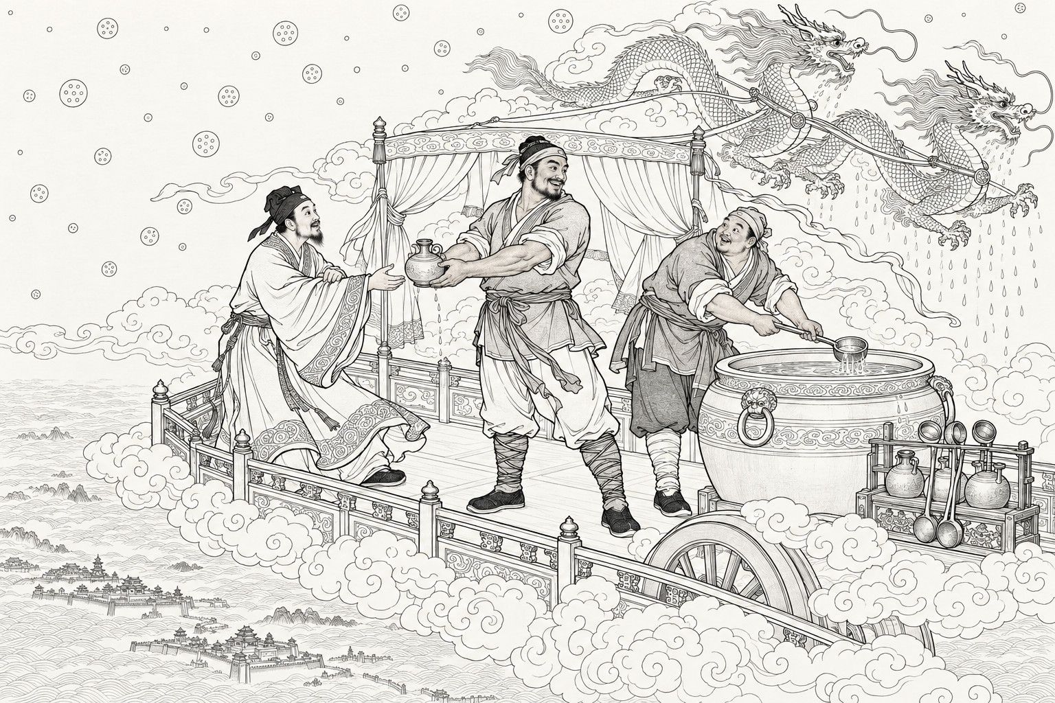 A line drawing in the manner of a late-Qing lithographed edition: high in the starry sky above a sea of cloud, a scholar on a dragon-drawn curtained carriage deck reaches out to take a small vessel from a tall, smiling, bare-armed workman, while a stout attendant dips a long ladle into a great water vessel, with two dragons overhead and tiny walled cities far below.