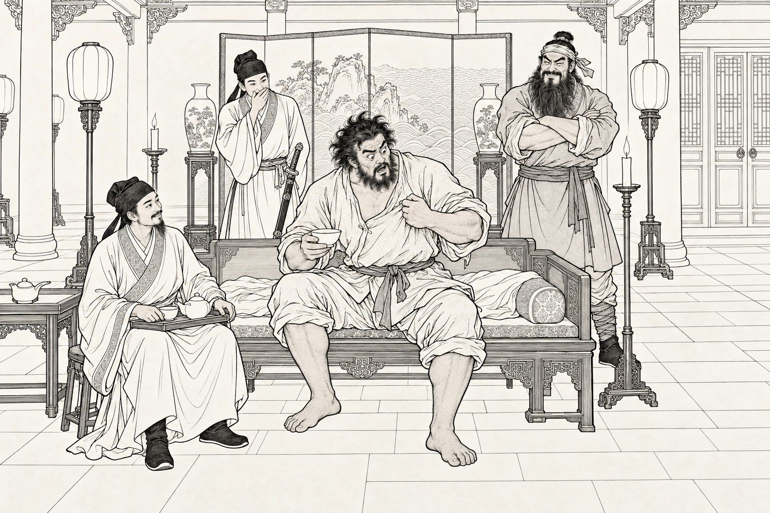 A line drawing in the manner of a late-Qing lithographed edition: in a lamplit hall, a huge bearded man in a fisherman's short jacket, with tousled hair and bare feet, sits up on a couch with a tea bowl in one hand, staring at his own clothes in astonishment, while a seated gentleman holds a tea tray, and a bearded fighter with folded arms and a young swordsman covering his mouth stand behind, holding back laughter.