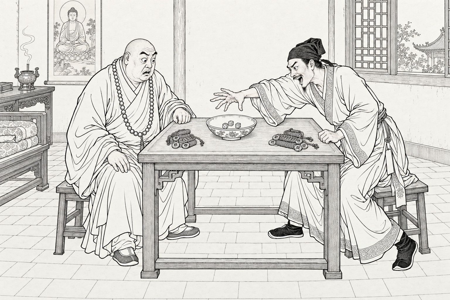 A line drawing in the manner of a late-Qing lithographed edition: Inside a monk's room in a large temple by daylight, a lean gambler in a soft cap leans across a square table, shouting with one hand stretched out over a bowl of dice, while a stout bald monk with prayer beads stares back wide-eyed with one hand on his knee. Strings of copper cash lie stacked on the table, and a Buddha scroll, a lattice window, an incense burner and a couch with folded bedding stand behind them.