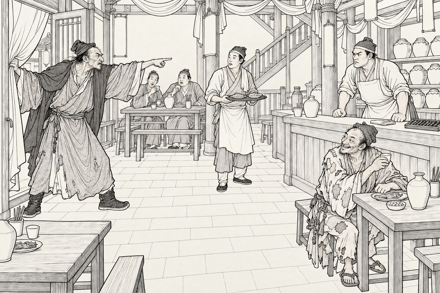 A line drawing in the manner of a late-Qing lithographed edition: in a tavern hung with festive silk, a thin ruffian in a crooked cap and a cloak thrusts aside the door curtain and points a finger, a waiter with a tray and two customers with cups freeze, a stout owner in an apron glares from behind the counter, and a ragged monk with a cup watches with a grin.