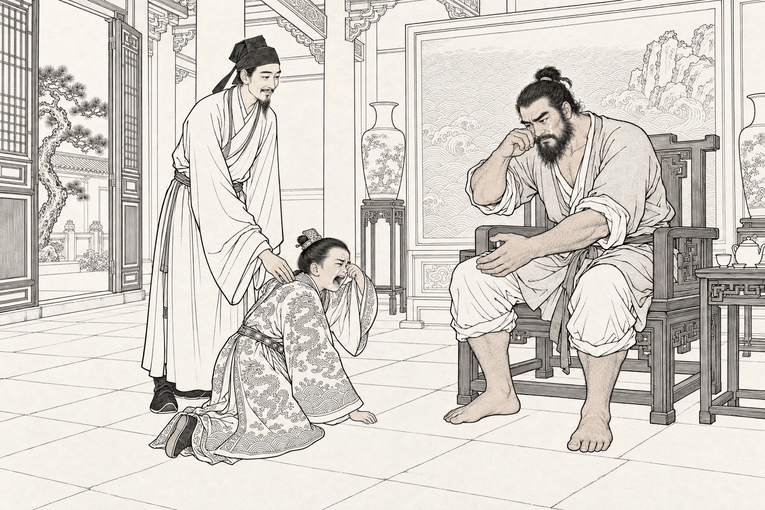 A line drawing in the manner of a late-Qing lithographed edition: in a daylit hall with a wave-patterned screen and an open door onto a pine courtyard, a bearded man in a plain short jacket and bare feet sits in a high-backed chair wiping a tear, while a small boy in a dragon-patterned robe kneels before him wailing, and a gentleman behind the boy rests a hand on his shoulder.