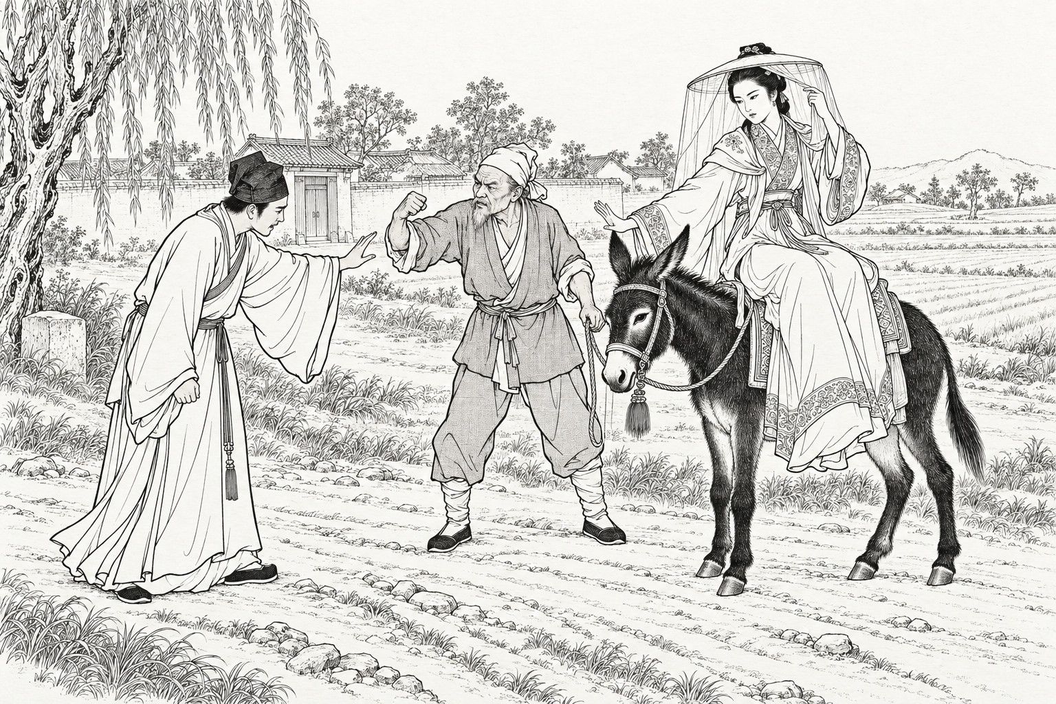 A line drawing in the manner of a late-Qing lithographed edition: on a country road beside a village wall and fields, a young woman in an embroidered gown and veiled hat rides a black donkey and lifts a hand to hold back the old servant who leads it with a raised fist, while a scholar in a soft cap and wide-sleeved robe stands under a willow with one arm stretched out and his head beginning to bow.