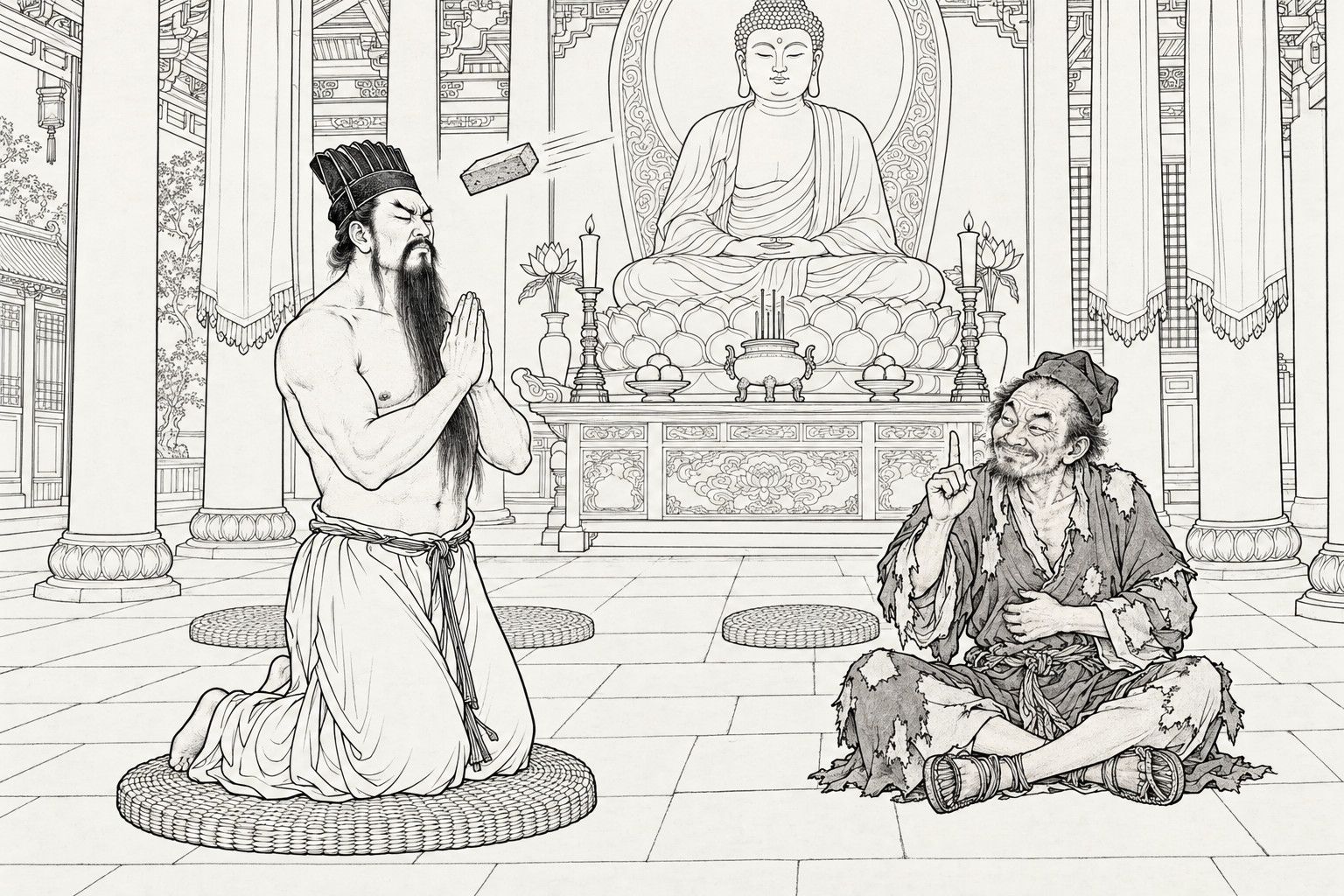 A line drawing in the manner of a late-Qing lithographed edition: in the hall of a Buddhist temple before a seated Buddha, a tall long-bearded Daoist, bare to the waist, kneels on a rush cushion with palms joined and eyes shut, while a small brick flies through the air toward his head and a ragged monk sits cross-legged at the right, a finger raised and a straight face.
