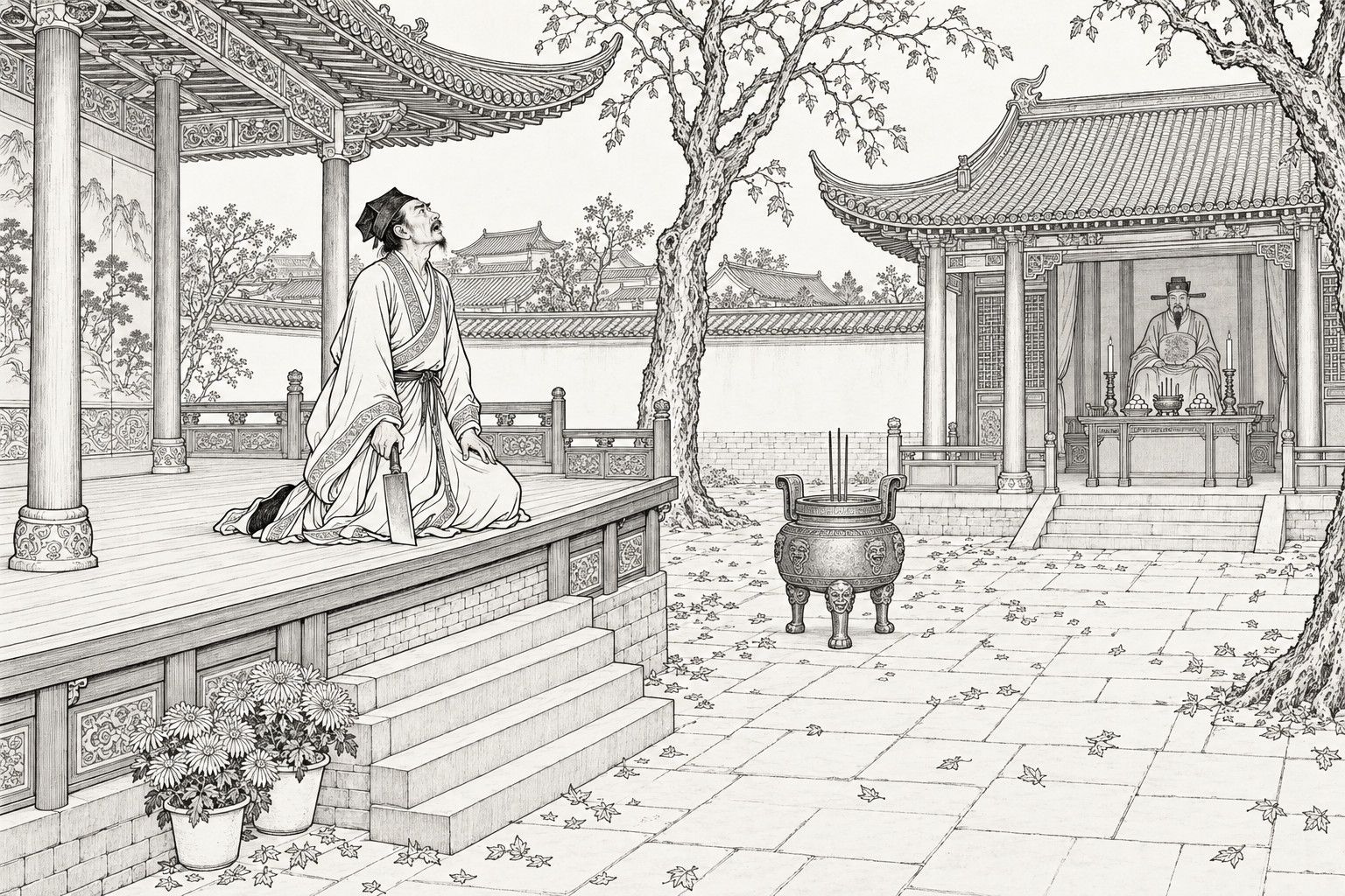 仿清末石印本的线描：深秋白昼的城隍庙院中，一名身穿宽袖长衫的书生跪在高台戏台的台口，屠刀刀尖抵着台板，仰头张口，对着隔院殿中端坐的小小城隍塑像高声自责，院中有铜香鼎，台边有数盆菊花，疏树落叶，远处是矮墙和城中屋脊。