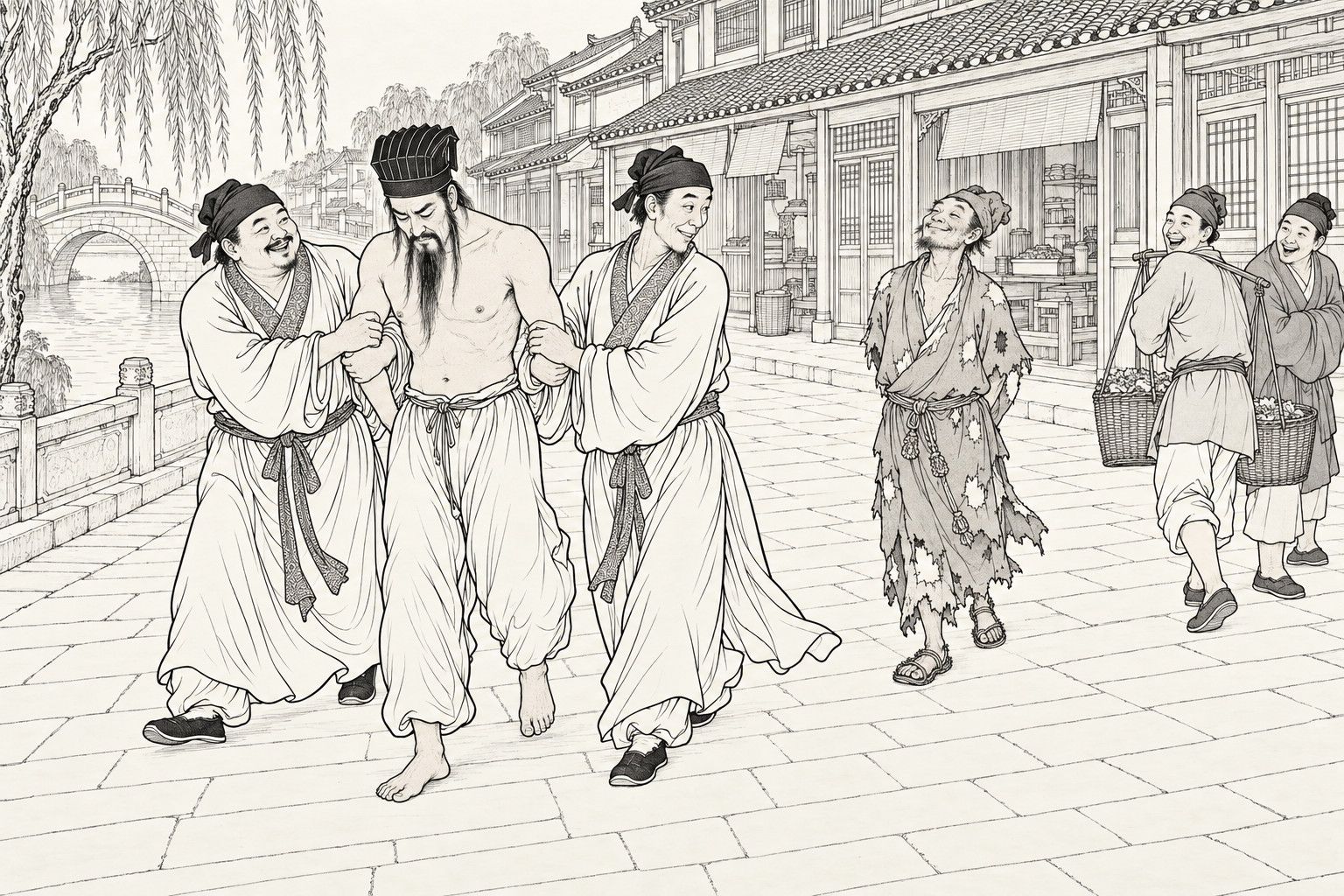 A line drawing in the manner of a late-Qing lithographed edition: along a street by a canal with an arched bridge, two men in wide-sleeved robes march a long-bearded Daoist, bare to the waist and barefoot, between them holding his arms, while a ragged monk strolls behind with his hands clasped behind his back and two passers-by with shoulder poles turn to laugh.
