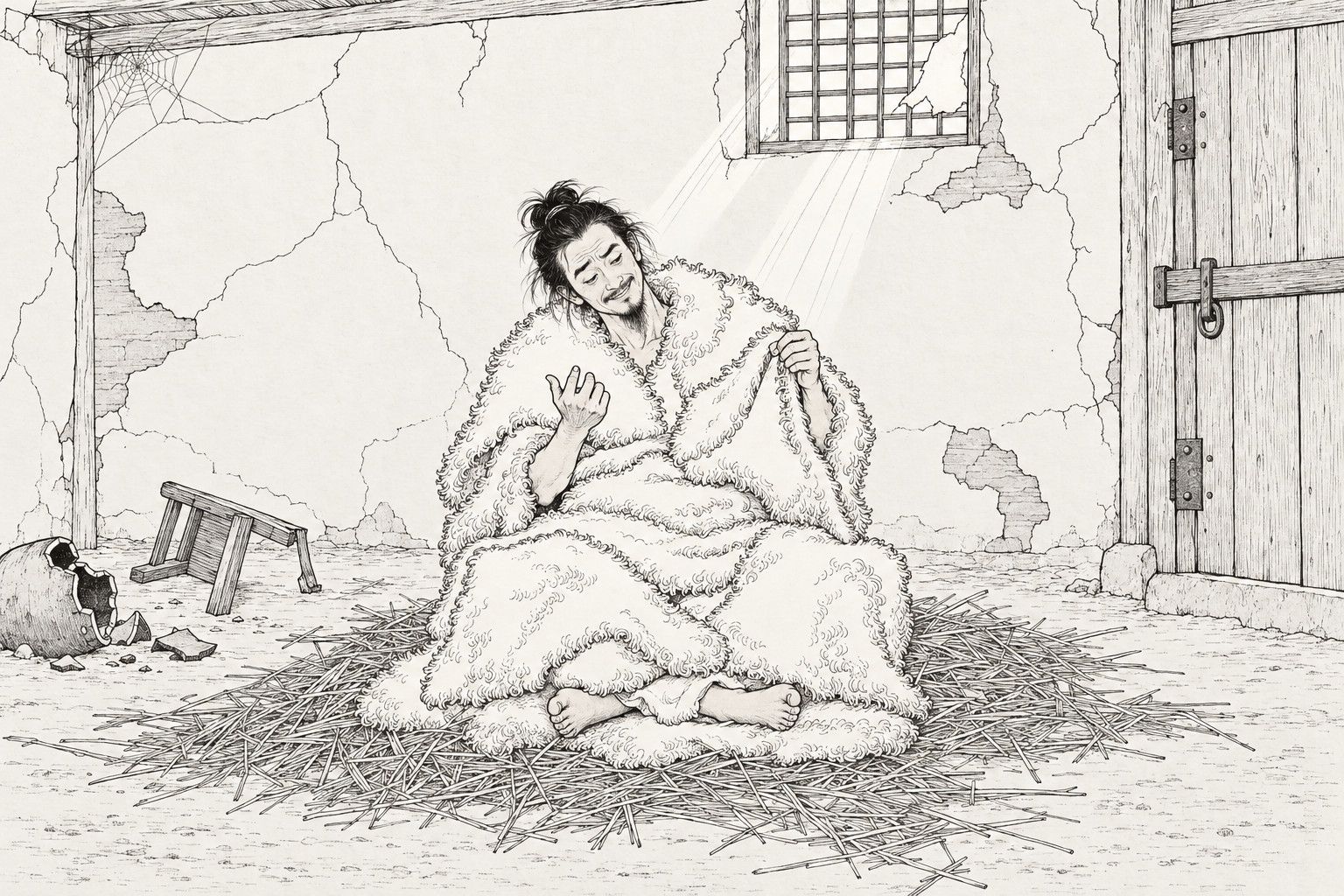 仿清末石印本的线描：冬日清晨的空土屋里，一名清瘦留须、发髻散乱的书生盘腿坐在草堆上，身裹羊皮，一手拎起羊皮一角，一手屈指数数，面带苦笑；破纸的格窗透下几道晨光，旁边有破瓮、翻倒的矮凳和上了门闩的木门。