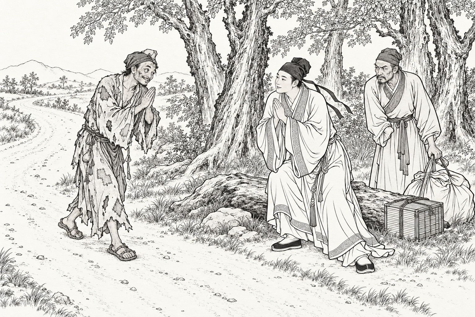 A line drawing in the manner of a late-Qing lithographed edition: in a grove beside a road, a ragged monk bows with palms joined and a sly smile, a young scholar seated on a fallen log half rises to return the bow, and behind him an old servant holding a bundle and a book box eyes the monk with suspicion.