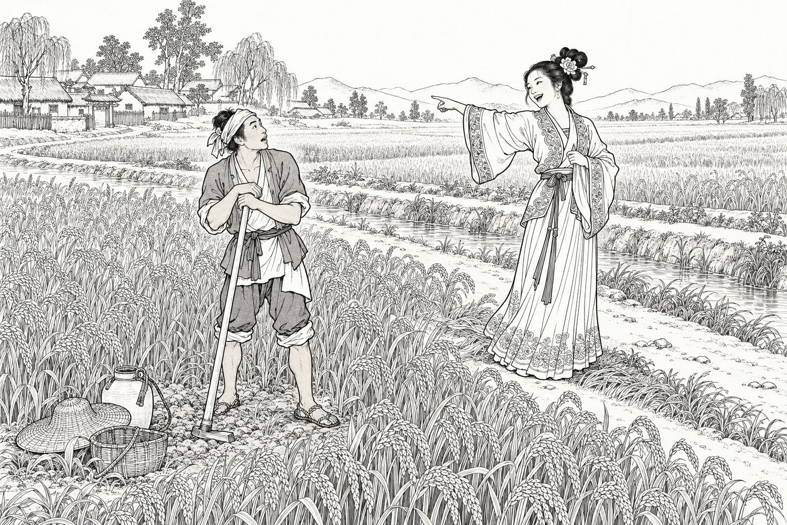 仿清末石印本的线描:白天村外的稻田里,头裹布巾、裤腿卷起的年轻农夫拄着锄头站在饱满的禾穗间仰头发愣,盛装簪花的少妇立在田埂上笑着抬手指向柳树间的茅屋村落,四周有水渠、远山,田边放着草帽、水罐和竹篮。