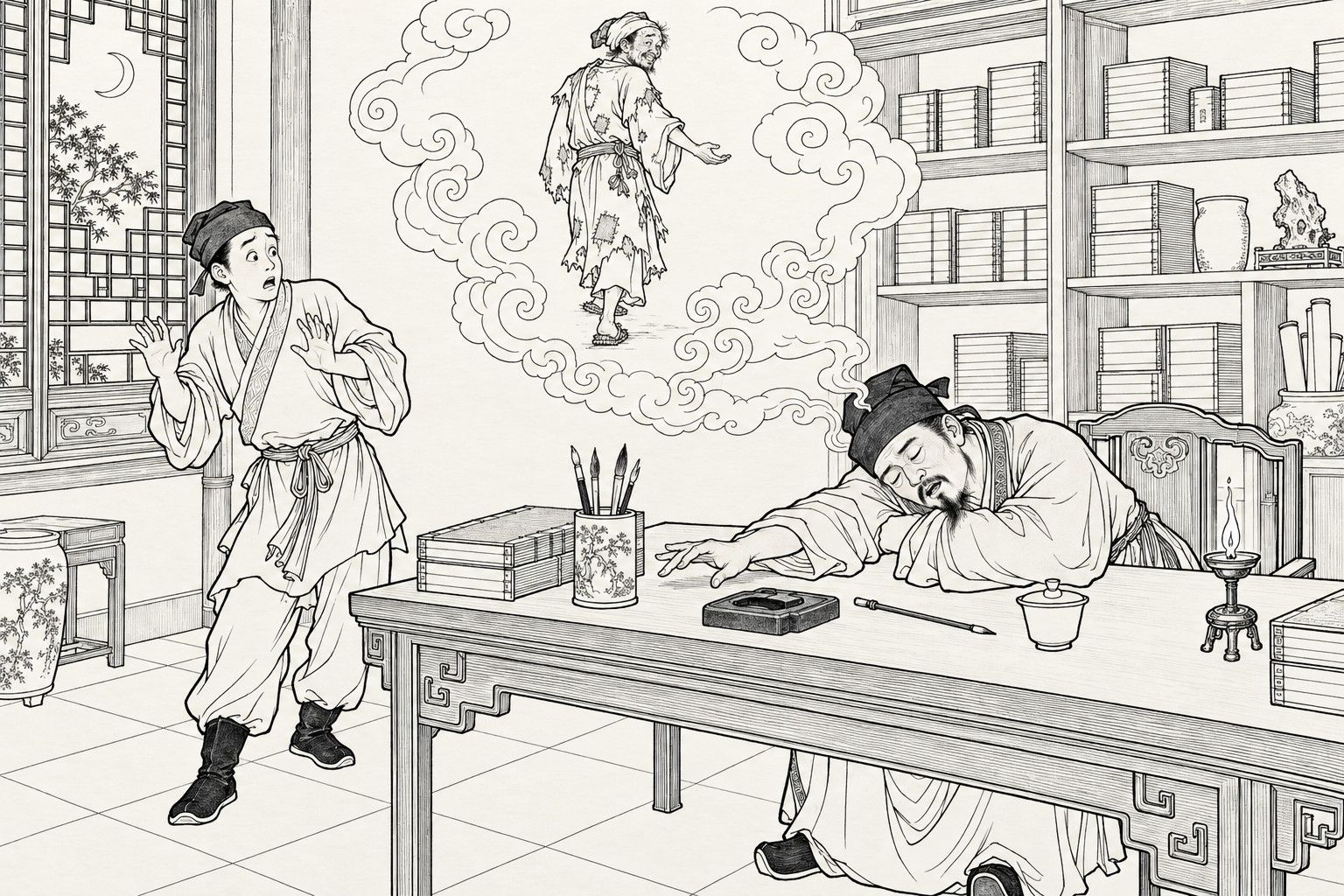 A line drawing in the manner of a late-Qing lithographed edition: in a study at night with a window crescent moon, a magistrate sleeps with his head on his arm at a desk and one hand stretched across it, a great scroll of cloud rises from him with a ragged monk walking away inside it, and a young manservant at the left starts back with both hands raised.