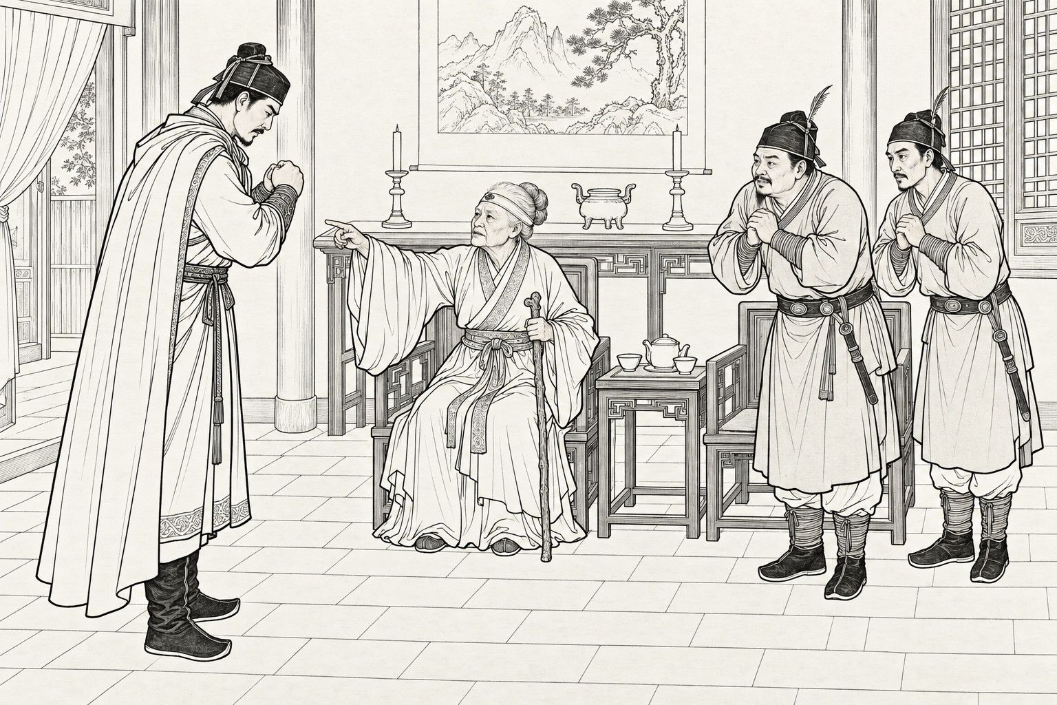 A line drawing in the manner of a late-Qing lithographed edition: in the hall of a house, an old woman seated with a walking stick points sternly at a tall strong man in a long cloak who stands with his fists clasped and head bowed, while two constables in feathered caps stand at the right with their hands pressed together, pleading.