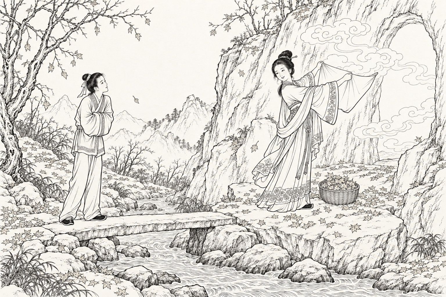 A line drawing in the manner of a late-Qing lithographed edition: on a late-autumn day in the mountains, a young woman on a rock ledge before a cave mouth holds a cloth wrapper open to catch the white clouds drifting out, glancing back with a smile, while a thin youth with hands tucked in his sleeves looks up at her from a stone slab bridge over a stream, a basket of fallen leaves at her feet and bare trees and distant peaks around them.