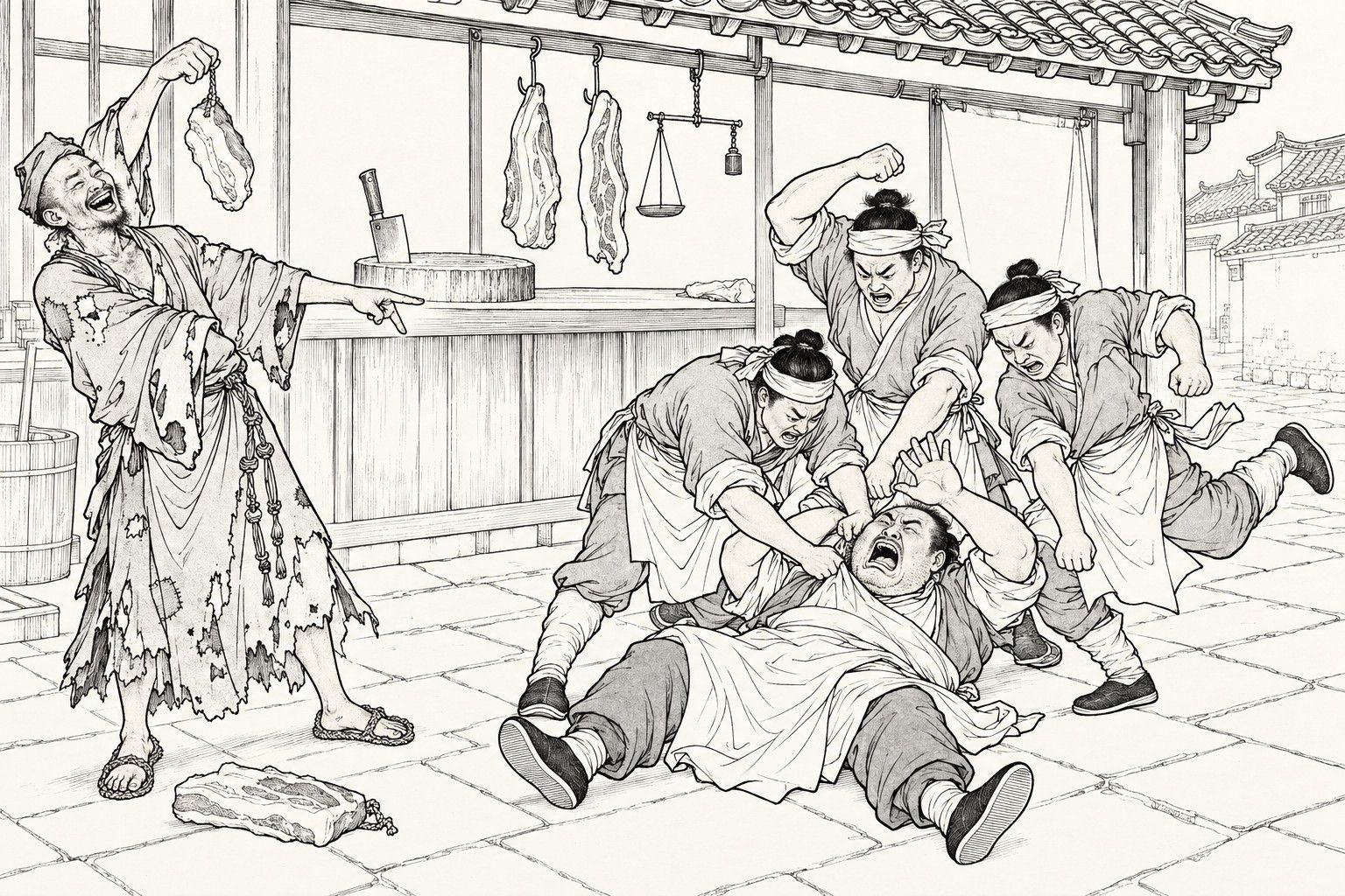 A line drawing in the manner of a late-Qing lithographed edition: in front of a butcher's stall with hanging pork, a ragged monk laughs and points as he holds up a piece of meat, while three apron-wearing shop hands in headbands pile on their own stout master, who lies on the paving with his arms raised, crying out.