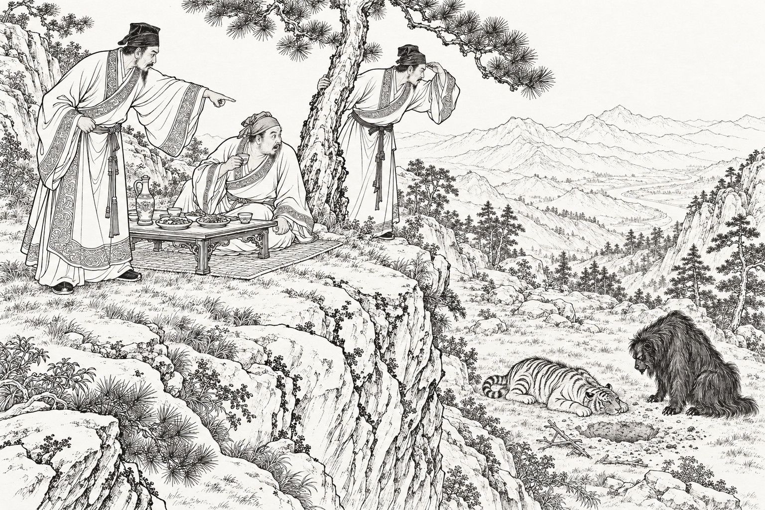 A line drawing in the manner of a late-Qing lithographed edition: on a clear day at a mountain-top ledge, a bearded gentleman stands pointing down the slope, one friend sits at a low table with his wine cup halted in mid-air, and another leans out from a pine with a hand shading his eyes, while far below in a grassy clearing beside a shallow pit a tiger lies flat and a long-haired black beast crouches next to it, with ridges and a winding river beyond.