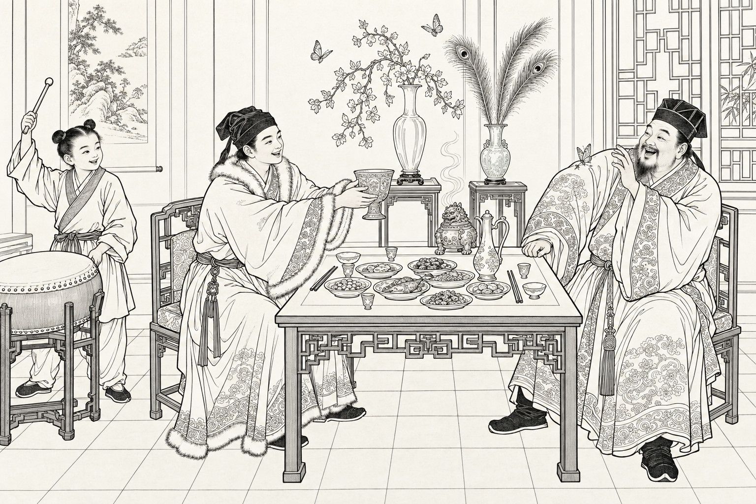 A line drawing in the manner of a late-Qing lithographed edition: in the inner room of a wealthy house, a laughing stout gentleman raises his sleeve, where a butterfly has landed, while a young scholar in a fur-trimmed gown holds out a big wine cup across a small feast table, and a boy beside a drum raises his drumstick, with a vase of blossoms, butterflies, peacock feathers and a lion censer behind them.