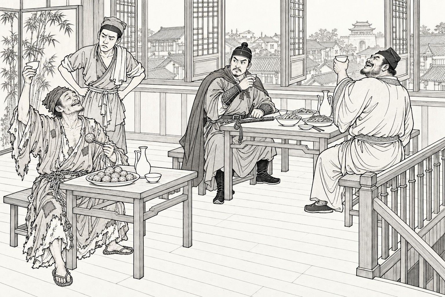 A line drawing in the manner of a late-Qing lithographed edition: on the upper floor of a restaurant overlooking tiled roofs, a ragged monk holds a wine cup high with a plate of meatballs before him and a waiter at his side with hands on hips, while a man in a cloak at the next table holds his cup and watches warily and a stout man at the right laughs and raises his own.