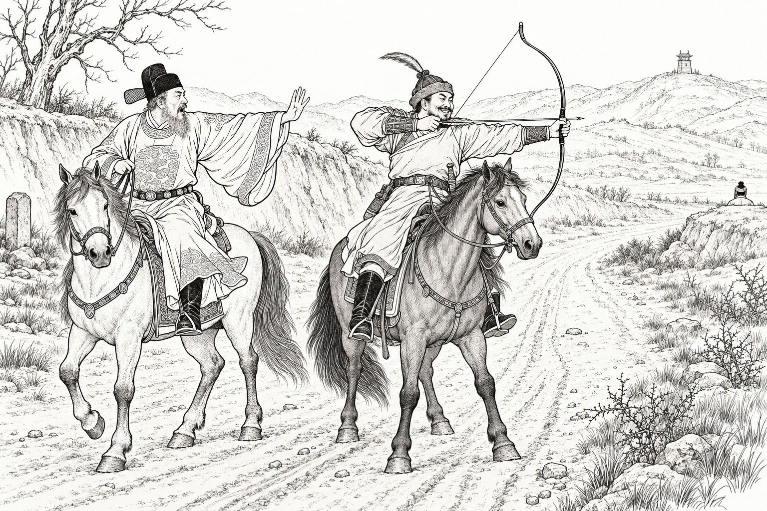 仿清末石印本的線描：白晝邊地塵土飛揚的路上，一位留須的年長文官騎在馬上轉身抬手喝止身旁的武官，武官笑著拉滿弓，箭指向路旁遠處的土堆，土堆後只露出一個小小的頭，背後有枯樹、界石、低山和烽火臺。