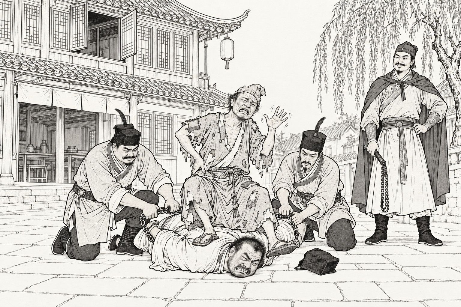 A line drawing in the manner of a late-Qing lithographed edition: in front of a restaurant with a willow beside it, a ragged monk sits on the back of a man lying face down on the paving, one hand pressed to his hip and his face twisted; two constables loop an iron chain round the man while a man in a cloak holding a whip stands smiling at the right.