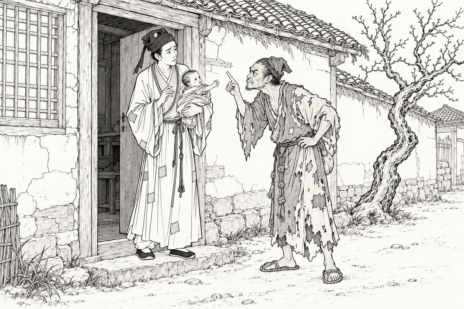 仿清末石印本的線描：光禿的樹旁、一間窮人家的門口，一位懷抱嬰兒的年輕書生站在門裡；衣衫襤褸的和尚一手叉腰，板著臉對他豎起手指數落。