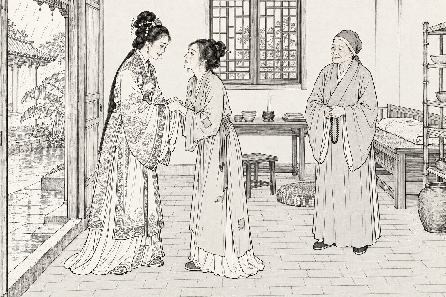 A line drawing in the manner of a late-Qing lithographed edition: on a rainy late afternoon in a bare nunnery meditation room, a richly dressed lady in a patterned gown clasps the hands of a poor young woman in a patched plain gown, both in tears, while an old nun with prayer beads looks on smiling, with a lattice window, plank bed, table, straw cushion and water jar inside and a wet courtyard with a plantain plant seen through the open doorway.