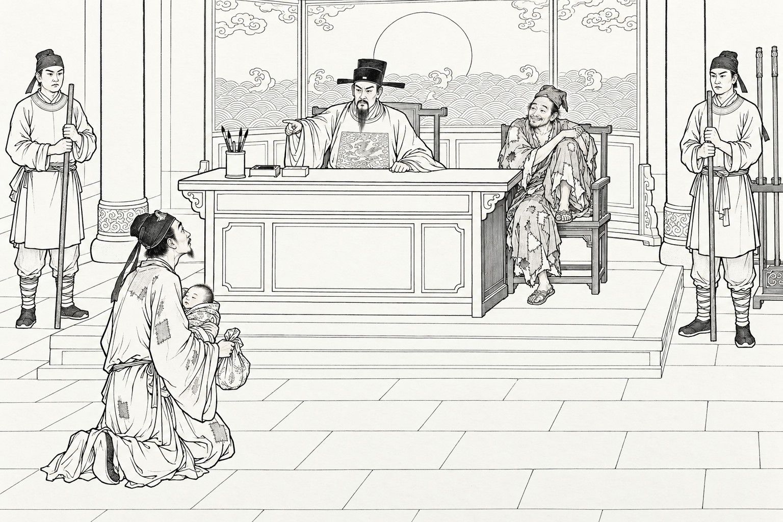 A line drawing in the manner of a late-Qing lithographed edition: in a court hall with a sun-and-waves screen, a magistrate behind a high desk points down at a kneeling scholar holding a baby and a bundle, a ragged monk sits easily beside him in an armchair with a smile, and two bailiffs with staves stand at the sides.