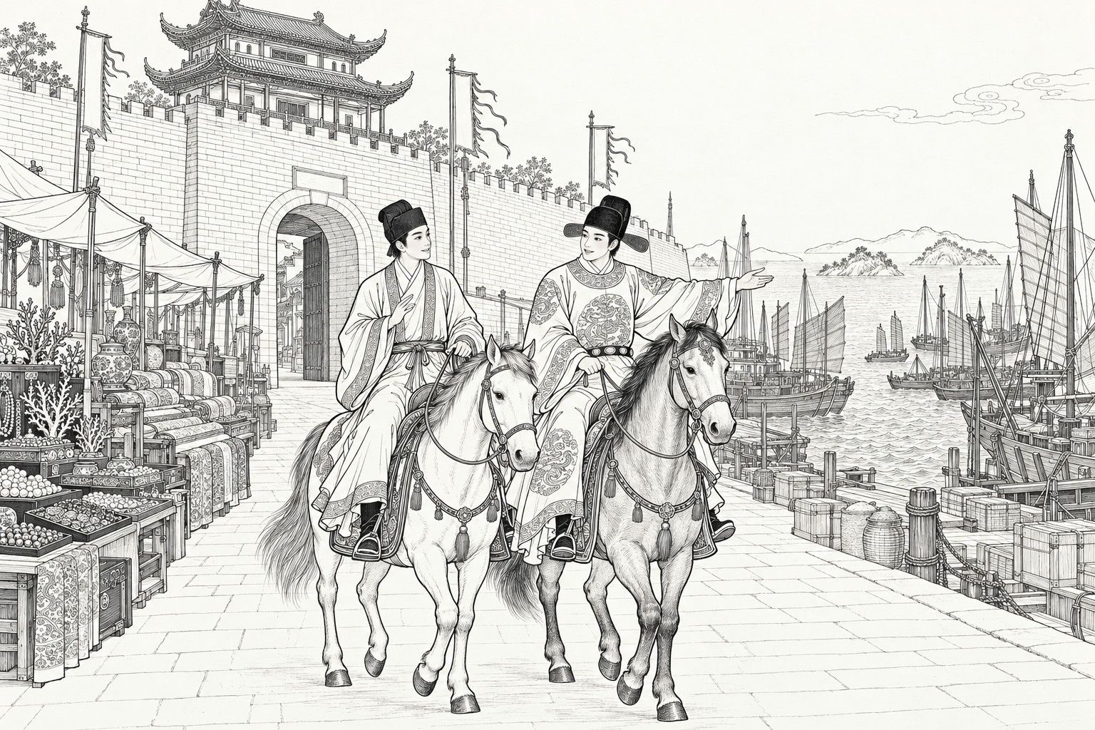 A line drawing in the manner of a late-Qing lithographed edition: two young men ride side by side on horseback along a stone quay, one gesturing toward the sea; to the left are market stalls piled with coral, pearls, cloth and porcelain beneath awnings, behind them a walled city with a gate tower and flags, and to the right junks and masts crowd the harbor.