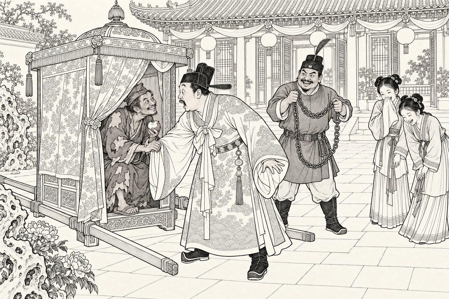 A line drawing in the manner of a late-Qing lithographed edition: in a courtyard decked with lanterns for a wedding, a ragged monk sits in a bridal sedan chair biting an apple and gripping the wrist of a bridegroom in a patterned robe who gapes in shock, while a constable behind him shakes out an iron chain and two maids at the right laugh behind their sleeves.