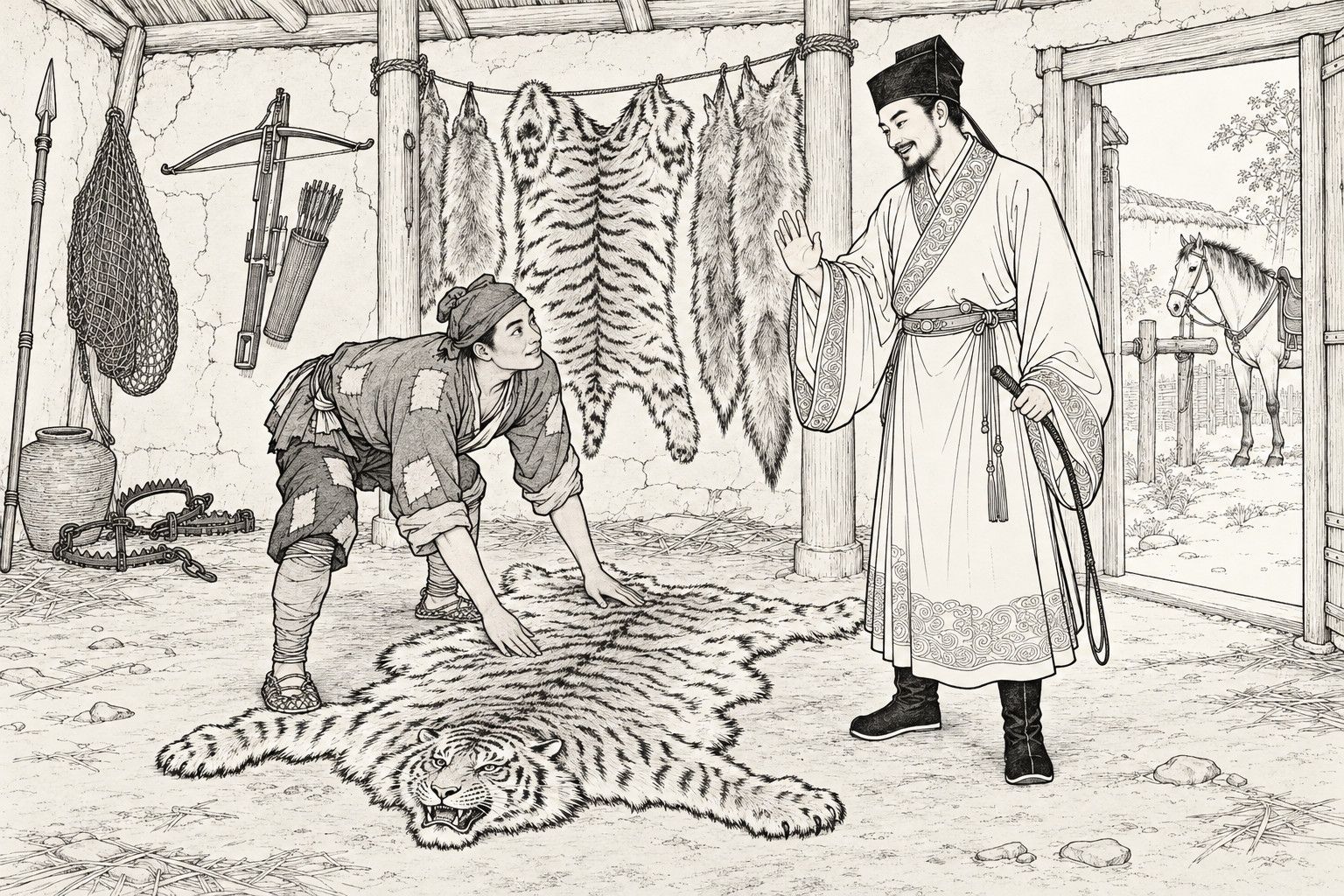 A line drawing in the manner of a late-Qing lithographed edition: In daylight inside a poor hunter's earth-walled cottage, a patched-clothed young hunter bends forward to smooth a tiger skin flat on the dirt floor, while a bearded gentleman in a scholar's cap and long embroidered gown, holding a riding whip, stands smiling with one hand raised in thanks, with tiger and wolf pelts, a crossbow, a net and traps around them and a saddled horse visible through the open doorway.