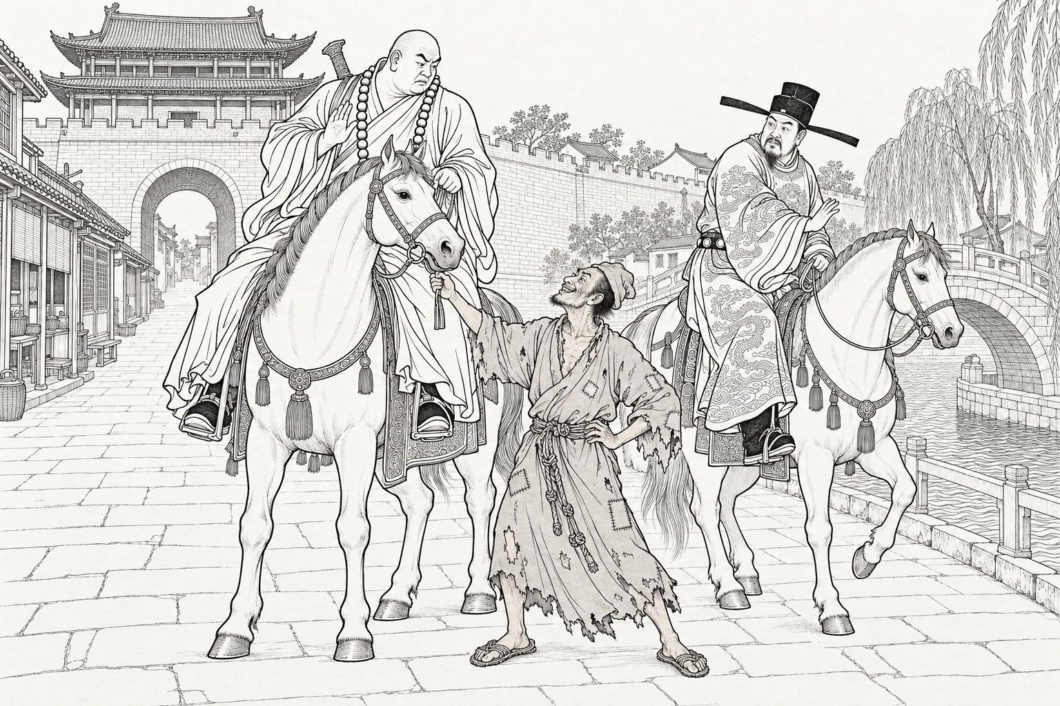 A line drawing in the manner of a late-Qing lithographed edition: in a street by a city gate and a canal bridge, a huge bald monk with prayer beads and a prefect in a dragon-patterned robe and winged cap ride on two white horses, while a small ragged monk stands between them with a hand on his hip, gripping the monk's bridle ring and grinning up at him.