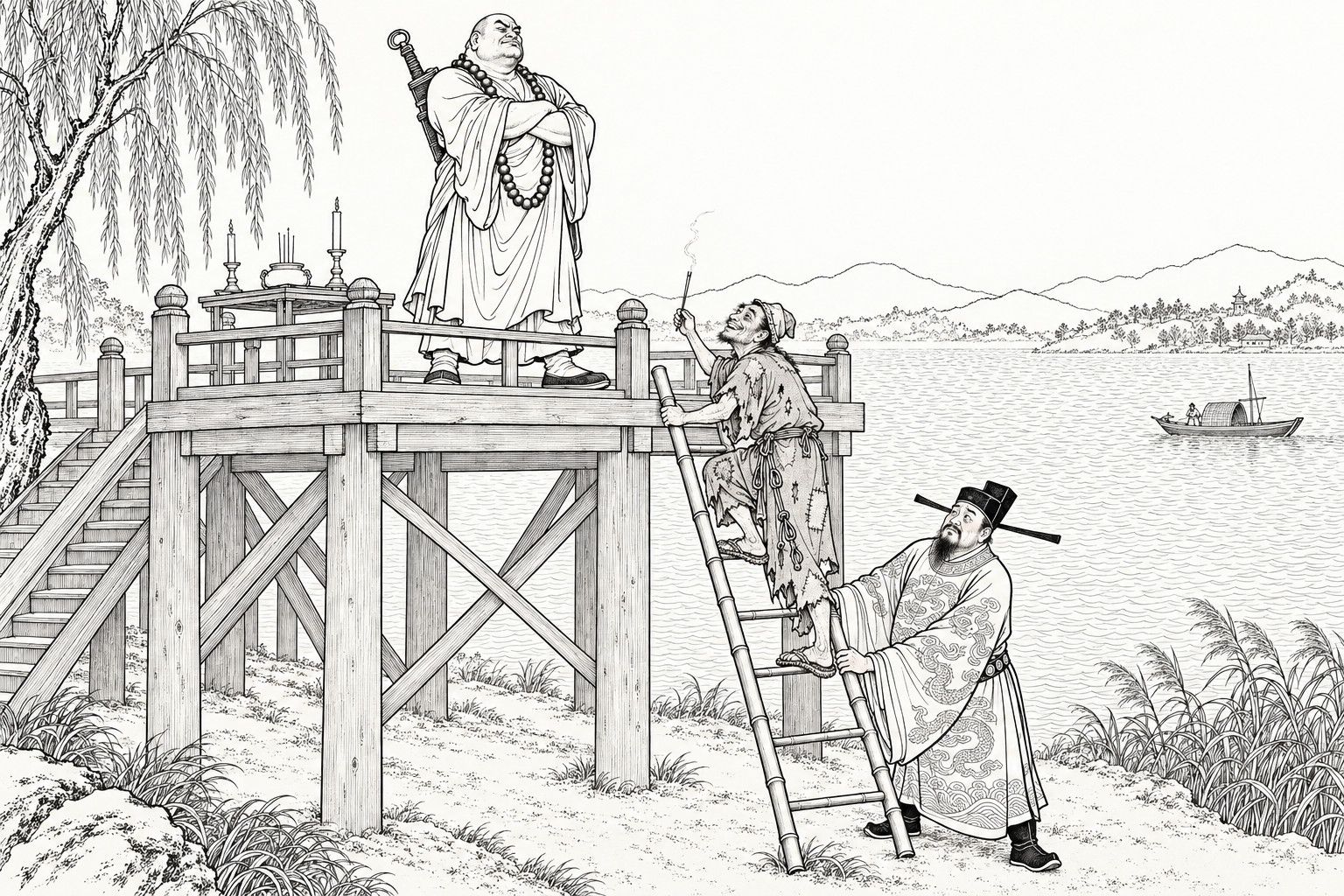 A line drawing in the manner of a late-Qing lithographed edition: on a lakeside, a huge monk with prayer beads stands with folded arms on a tall wooden platform holding an incense table, a ragged monk with a lit incense stick climbs a bamboo ladder half-way up, and a prefect in a winged cap steadies the foot of the ladder.