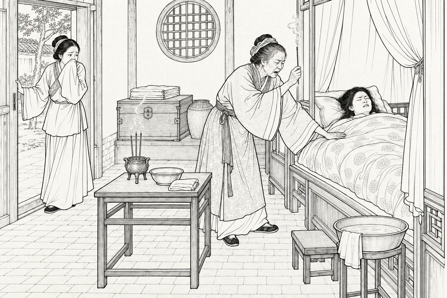 A line drawing in the manner of a late-Qing lithographed edition: inside a farmhouse bedroom, an old village woman stands bent beside a curtained bed, holding up a burning incense stick in one hand and pressing the other on the quilt over a pained young woman lying on the pillow, while a woman of the household by the open door at the left shrinks back with her sleeve over her mouth, with an incense burner on a table, a round lattice window, a chest and a water jar around them.