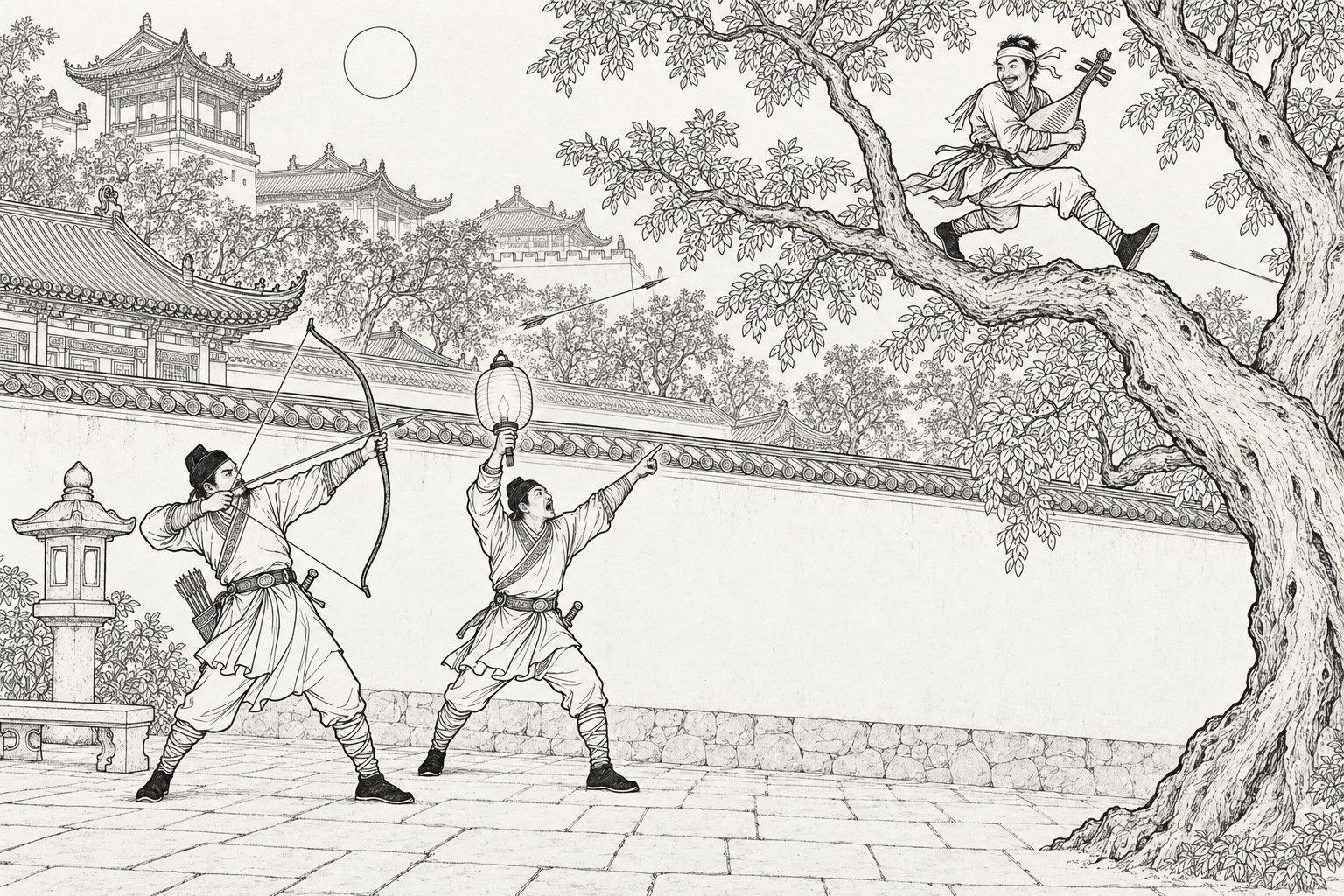A line drawing in the manner of a late-Qing lithographed edition: on a moonlit night in a prince's mansion courtyard, a lean young officer in soldier's dress crouches on a thick bough of a great locust tree, a pipa held to his chest and a grin over his shoulder, while below a long tiled garden wall one guard draws a bow and another holds up a lantern and points at him, with pavilions and roofs rising in the distance and arrows flying past.
