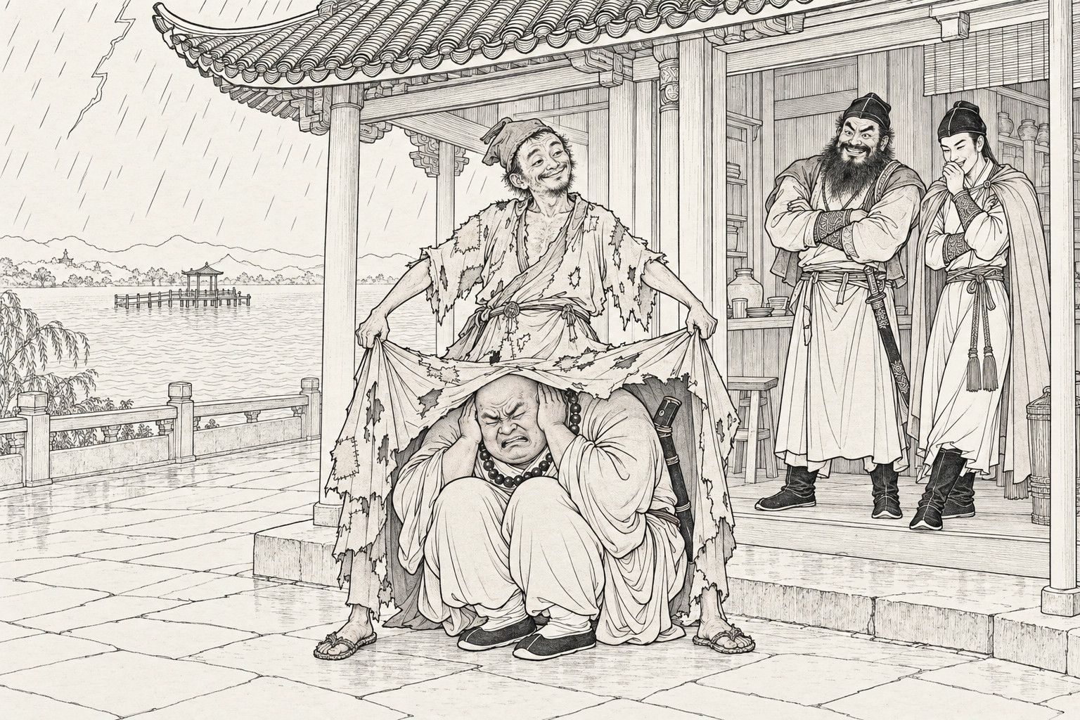 A line drawing in the manner of a late-Qing lithographed edition: under the deep eaves of a lakeside shop in a thunderstorm, a ragged monk stands grinning and lifts the hem of his torn robe like a tent over a huge bald monk who squats with his hands over his ears, while a bearded man and a slim young man watch from the doorway, one laughing behind his hand.