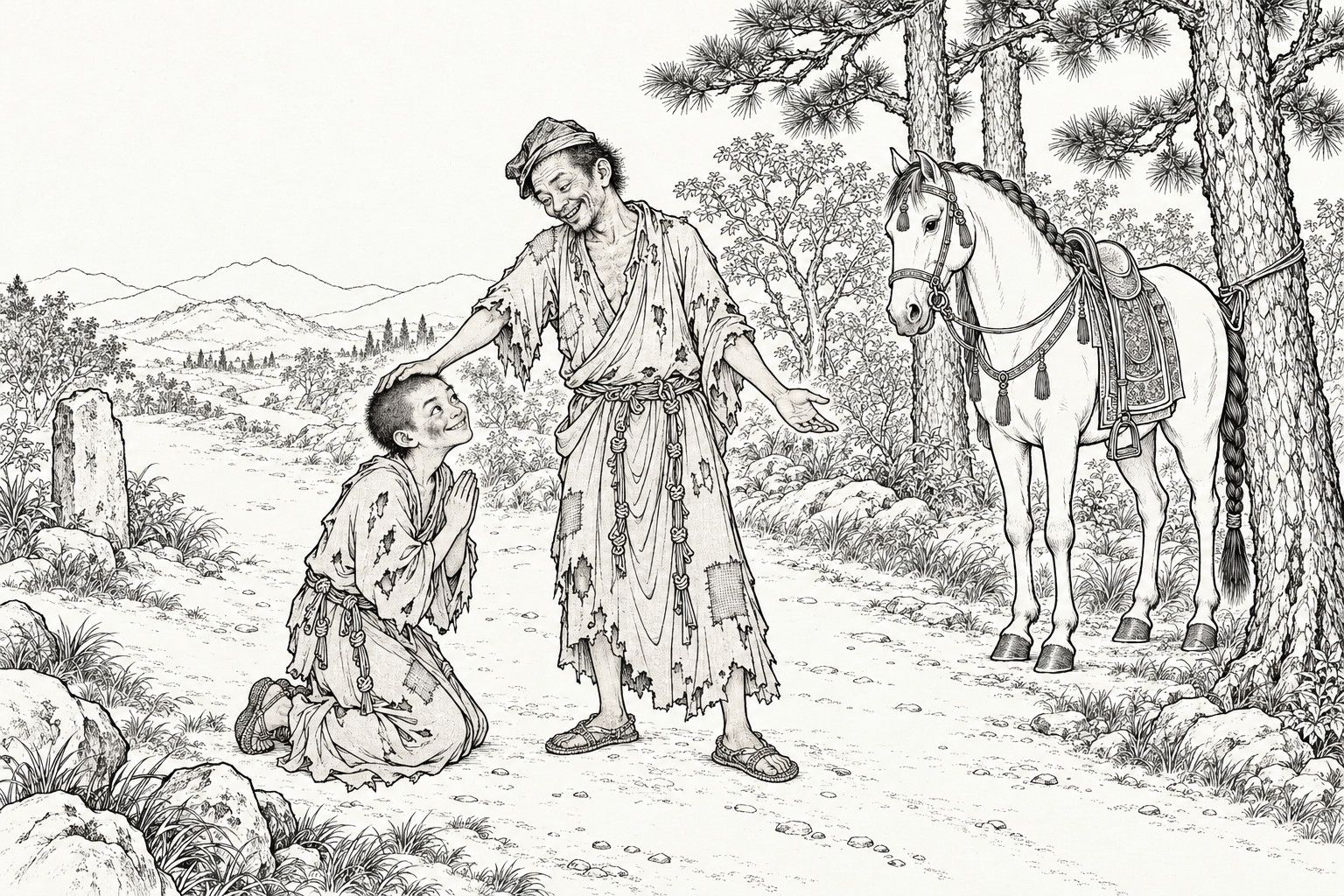A line drawing in the manner of a late-Qing lithographed edition: on a country road at the edge of a wood, a ragged monk rests a hand on the crown of a kneeling young monk in a patched robe who looks up with a cheeky grin and joined palms; a saddled horse stands tied to a pine behind them.