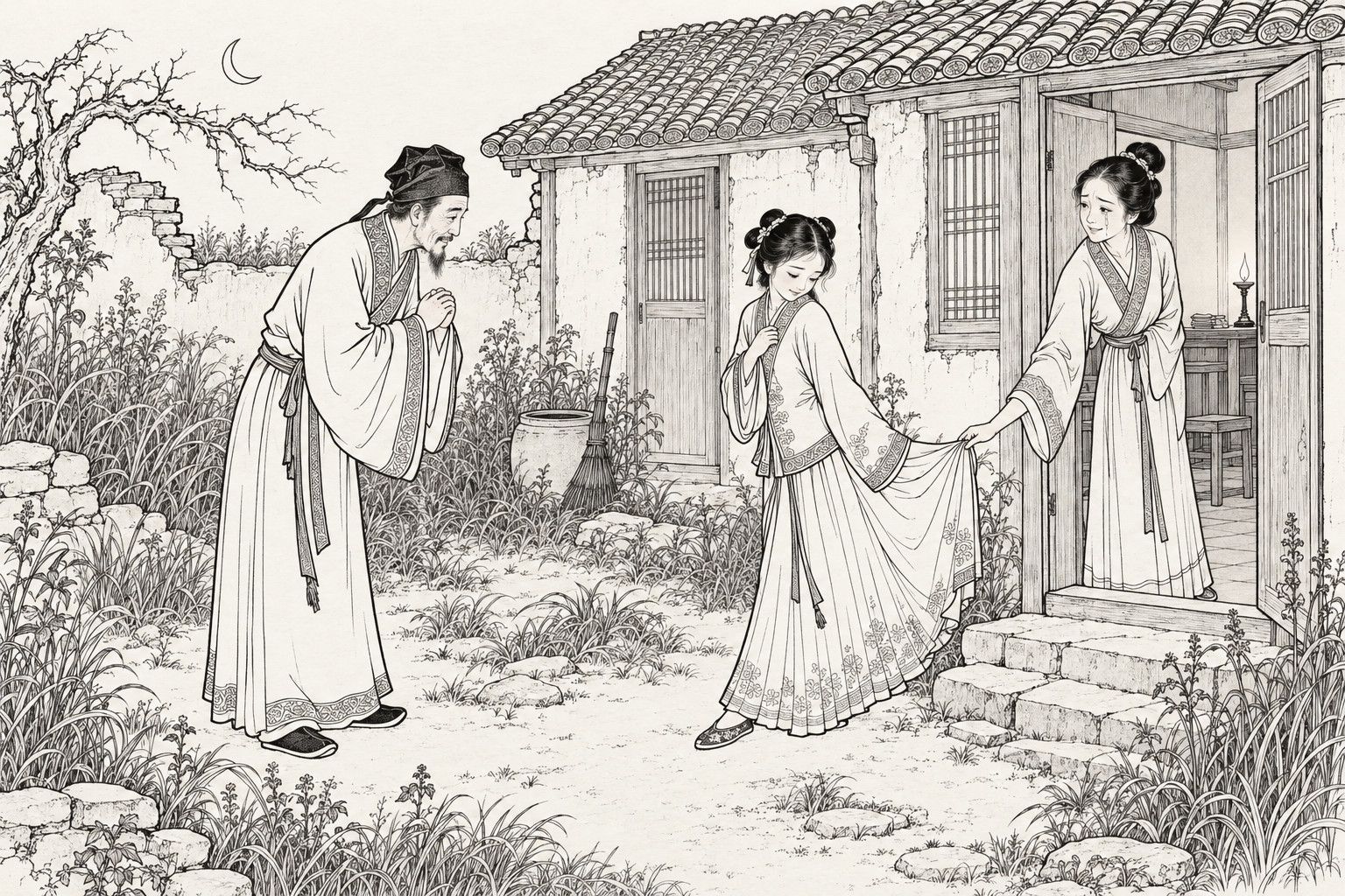 A line drawing in the manner of a late-Qing lithographed edition: in an overgrown, ruined courtyard under a crescent moon, an older scholar bows with joined hands before a shy young woman who turns away, eyes lowered, while another woman standing in the doorway of a tiled house tearfully holds her skirt to keep her from leaving.
