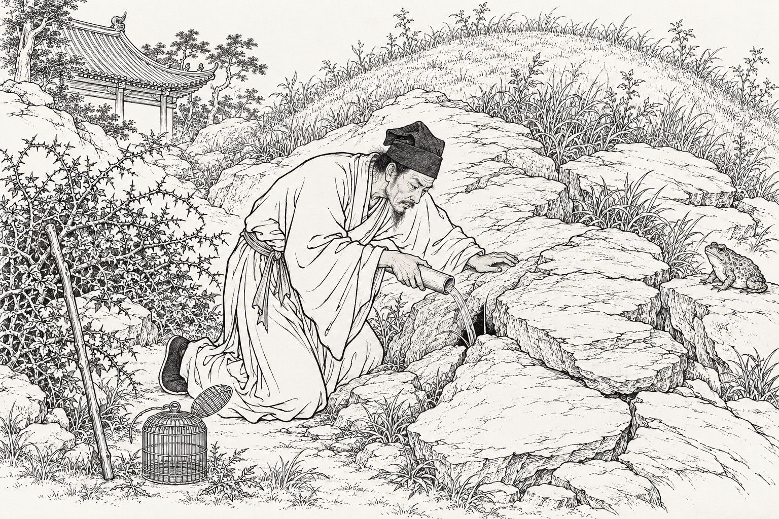 仿清末石印本的线描:草丘旁的乱石和荆棘丛中,背后是一角寺庙屋顶;一位面带倦容、戴软巾的乡村书生单膝跪地,把短竹筒里的水倒进岩石的缝隙;左边地上放着一个敞着门的丝笼,岩石边靠着一根木手杖;右边岩石上蹲着一只蟾蜍。