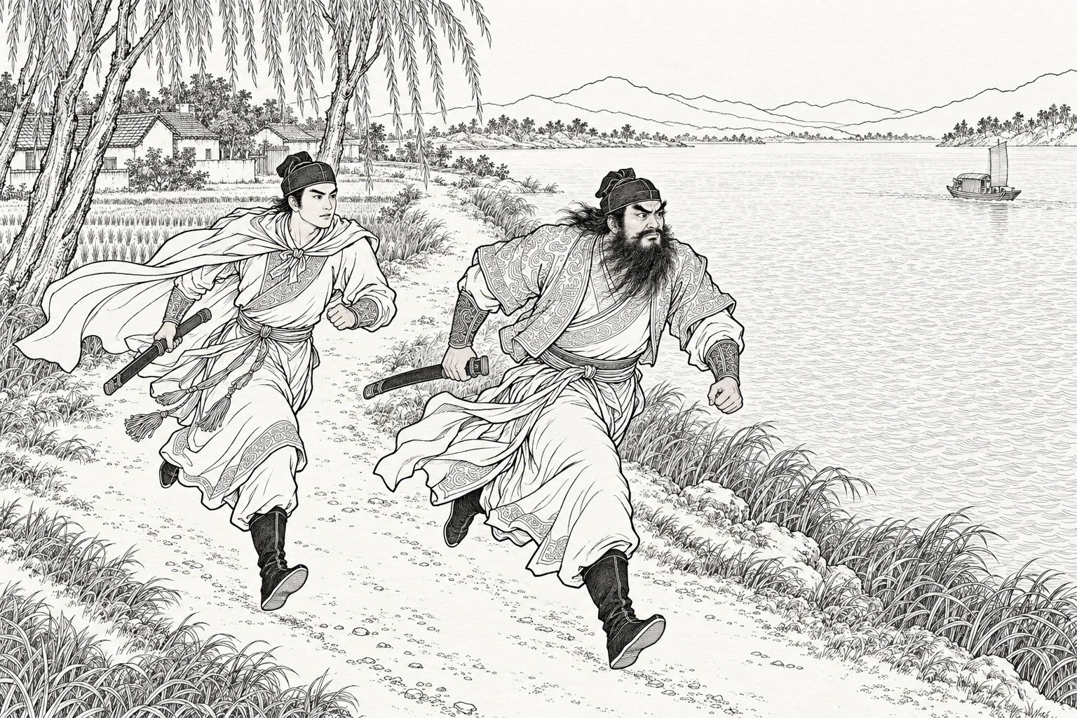 A line drawing in the manner of a late-Qing lithographed edition: along a path between a rice field and a broad river, a slim young man in a cloak and a bearded man in a headband run side by side with swords in their hands and sleeves streaming behind them, a small covered boat far off on the water.