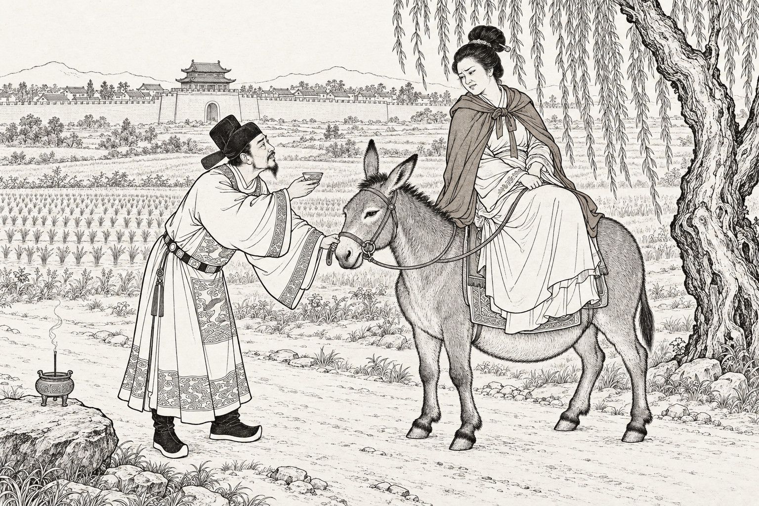 A line drawing in the manner of a late-Qing lithographed edition: on a country road outside the south gate of a walled county town in daylight, a bearded magistrate in official robe and black hat bows forward, holding up a wine cup in one hand and gripping the bridle of a stout old donkey with the other, while a middle-aged woman with a high hair knot and a cape sits on the donkey and looks down at him with a wry, vexed look; an incense burner smokes on a rock at the lower left, a large willow stands at the right, and crop fields, the town wall with its gate tower and low hills lie behind.