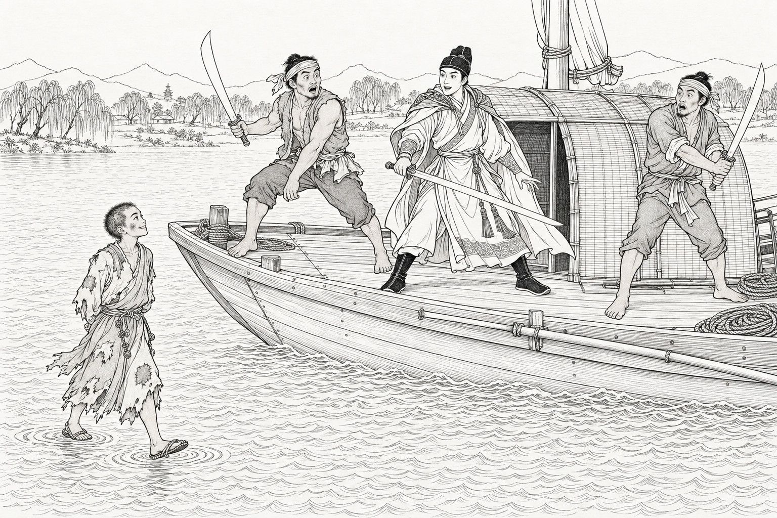 A line drawing in the manner of a late-Qing lithographed edition: on a small covered boat on a river, a young hero in a cloak with a drawn sword stands between two barefoot boatmen who raise their blades, all three staring at a ragged young monk who walks toward the boat on the surface of the water.