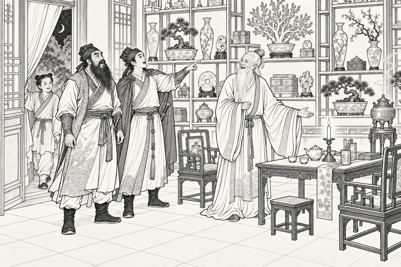 A line drawing in the manner of a late-Qing lithographed edition: in a study full of treasures at night, with a crescent moon in the doorway, an old hermit with a long white beard laughs and waves a hand toward the seats, a bearded man and a slim young man in a cloak stand struck by the shelves of vases, bonsai and a coral tree, and a young page holds the door curtain aside.