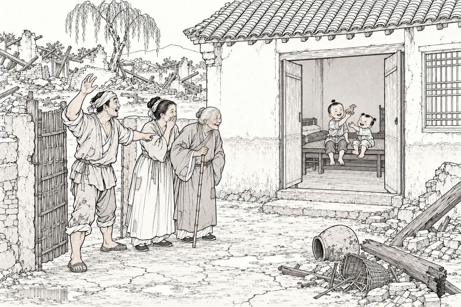A line drawing in the manner of a late-Qing lithographed edition: on a summer day after a flood has gone down, a farmer, his wife and his old mother with a bamboo staff stand in the gateway of a small courtyard, the farmer pointing and the wife covering her mouth in wonder, while through the open door of the only house left standing two small boys sit laughing on a bed, amid fallen walls, broken beams, an overturned jar and a basket, with a willow and low hills behind.