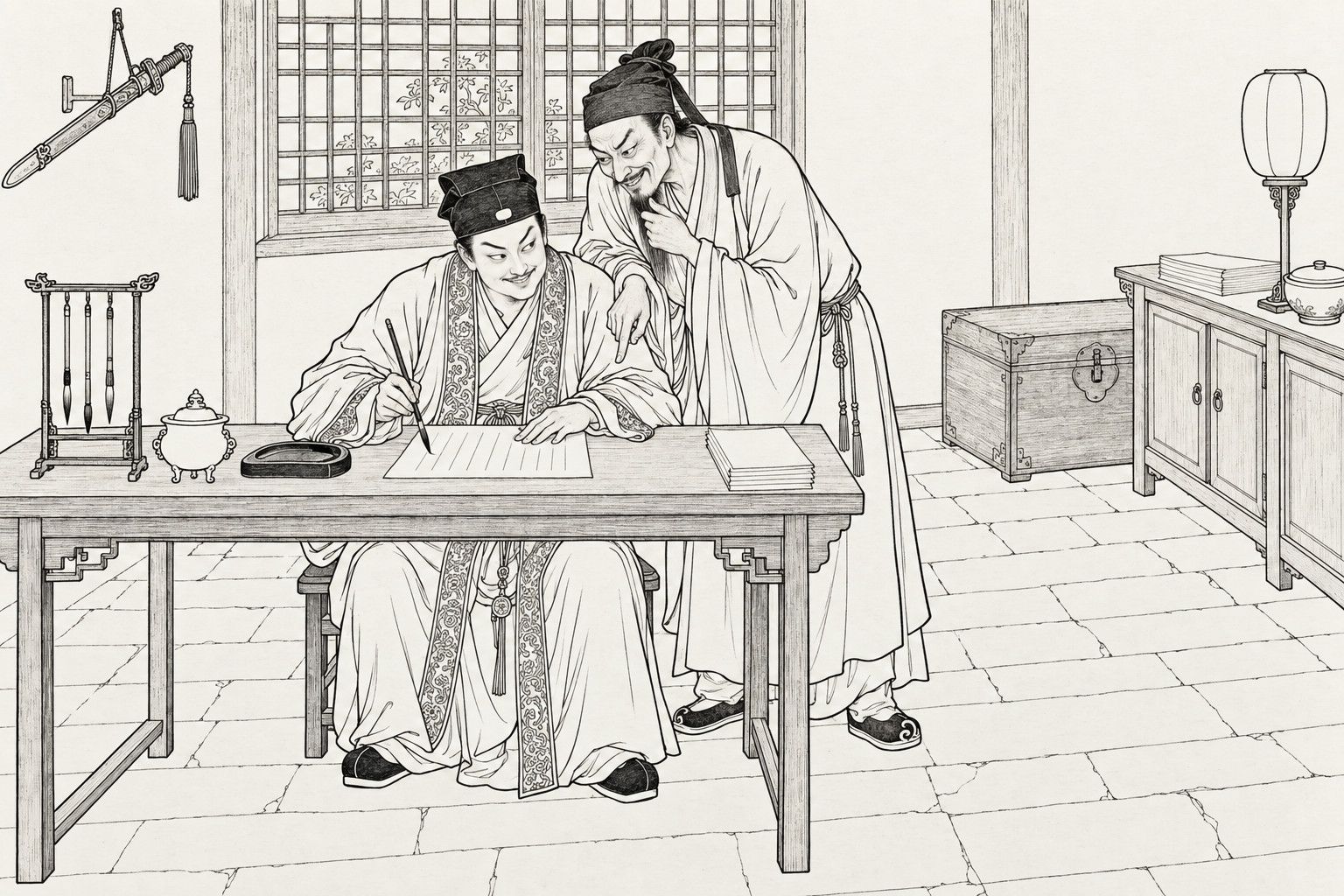 仿清末石印本的線描：一間陳設簡單的屋裡，戴黑帽、一臉壞笑的青年坐在桌前提筆在紙上寫字；留著山羊鬚的道士俯在他肩後，捋著鬍鬚，狡黠地笑著指向紙面；旁邊有筆架、香爐和燈籠。